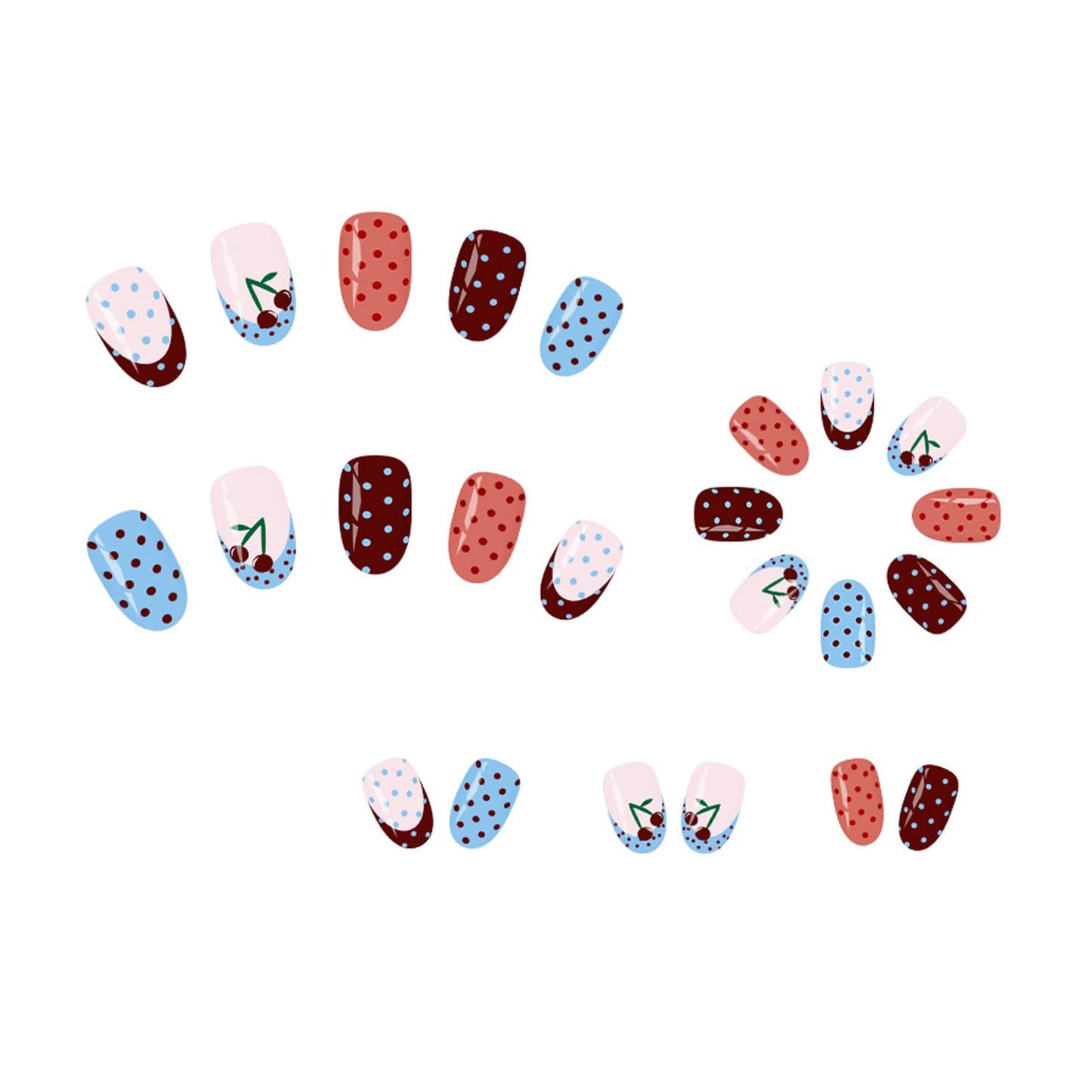 IMSOHOT Press on Nails Short Oval Fake Nails with Cherry, Polka Dot Designs Cute Pink Blue Glossy Full Cover Acrylic False Nails 24Pcs
