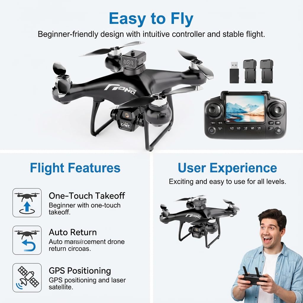 elecci E55 Air Drone with Screen Controller with SD Card, Two-batteries, Optical Flow Positioning, Speed Adjustment Suitable for Beginner. (2 batteries - White)