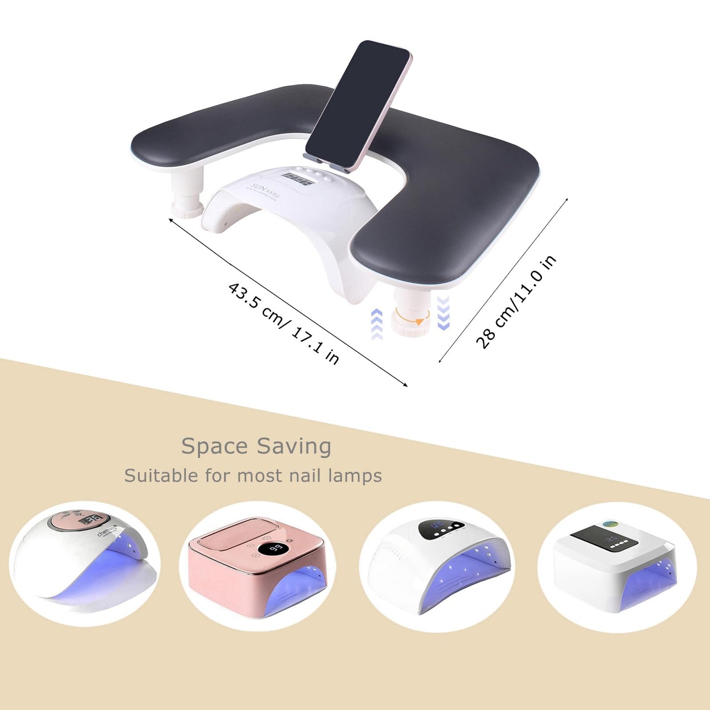 Manicure Arm Rest with Rotating Phone Holder for Nails Tech, U - Shaped Adjustable Nail Hand Rest Stand PU Leather (Black)