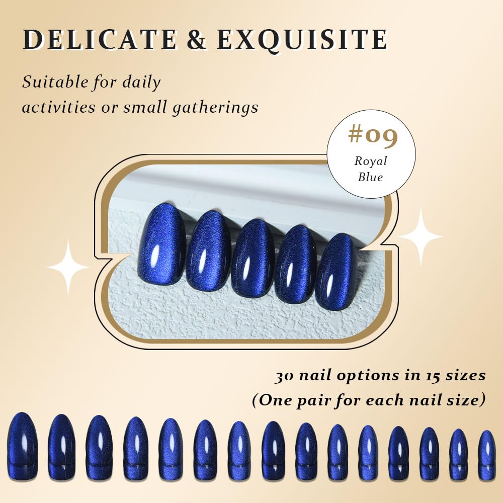 evpct Dark Blue Press on Nails Almond Short, Royal Blue Cat Eye Glitter Press on Nails for Women Gift, Soft Gel Press Stick on Nail with Nail Kit, Full Cover, 30Pcs Reusable Acrylic Fake Nails Kit
