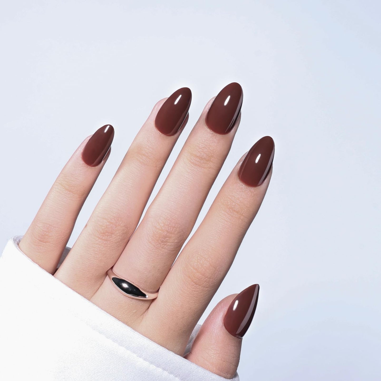 Brown Press On Nails Short Almond - Glossy Reusable Brown Nails Press ons for Women, 32 Pieces in 16 Sizes False Nails Kit with Glue