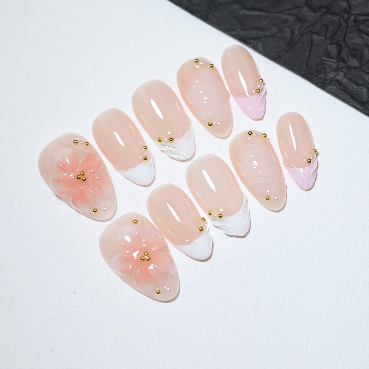 10 Pcs Short Almond Handmade Press On Nails | 3D Pink Floral & French Tip, Pink Swirl & Gold Dot Accents| Skip Salon Trips, Easy to Apply & Remove, Reusable (RR09, XS)