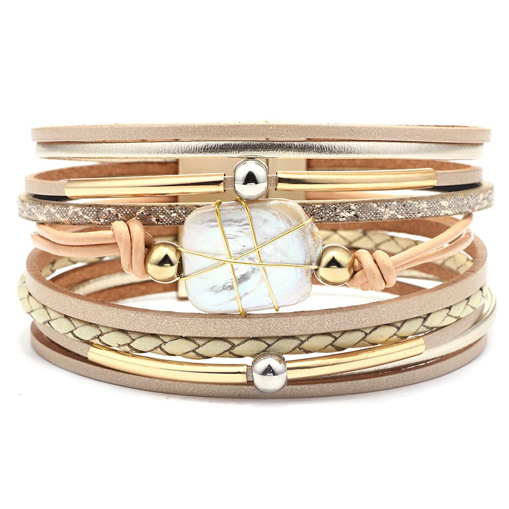 Fesciory Leopard Bracelet for Women, Boho Leather Wrap Multi-Layer Pearl Crystal Bracelet Bangle Jewelry(Leather(Pearl))