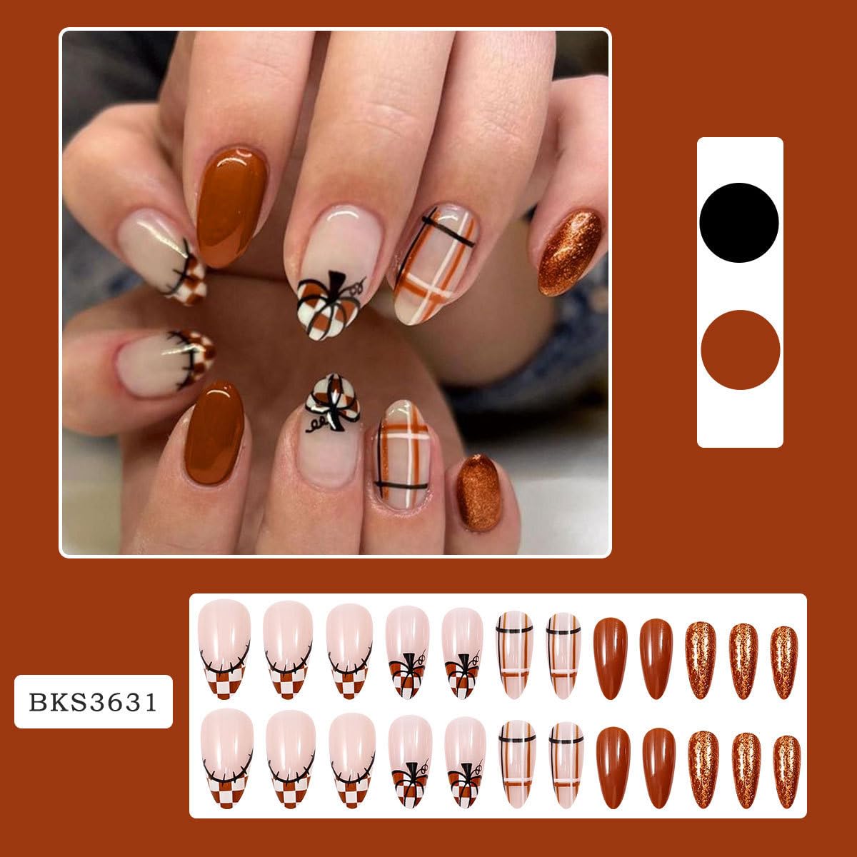 Thanksgiving Pumpkin Press on Nails Medium French Tip Fake Nails with Checkerboard Designs Fall Full Cover Glue on Nails Nude Pink Reusable Autumn Almond False Nails for Women Manicure Kit