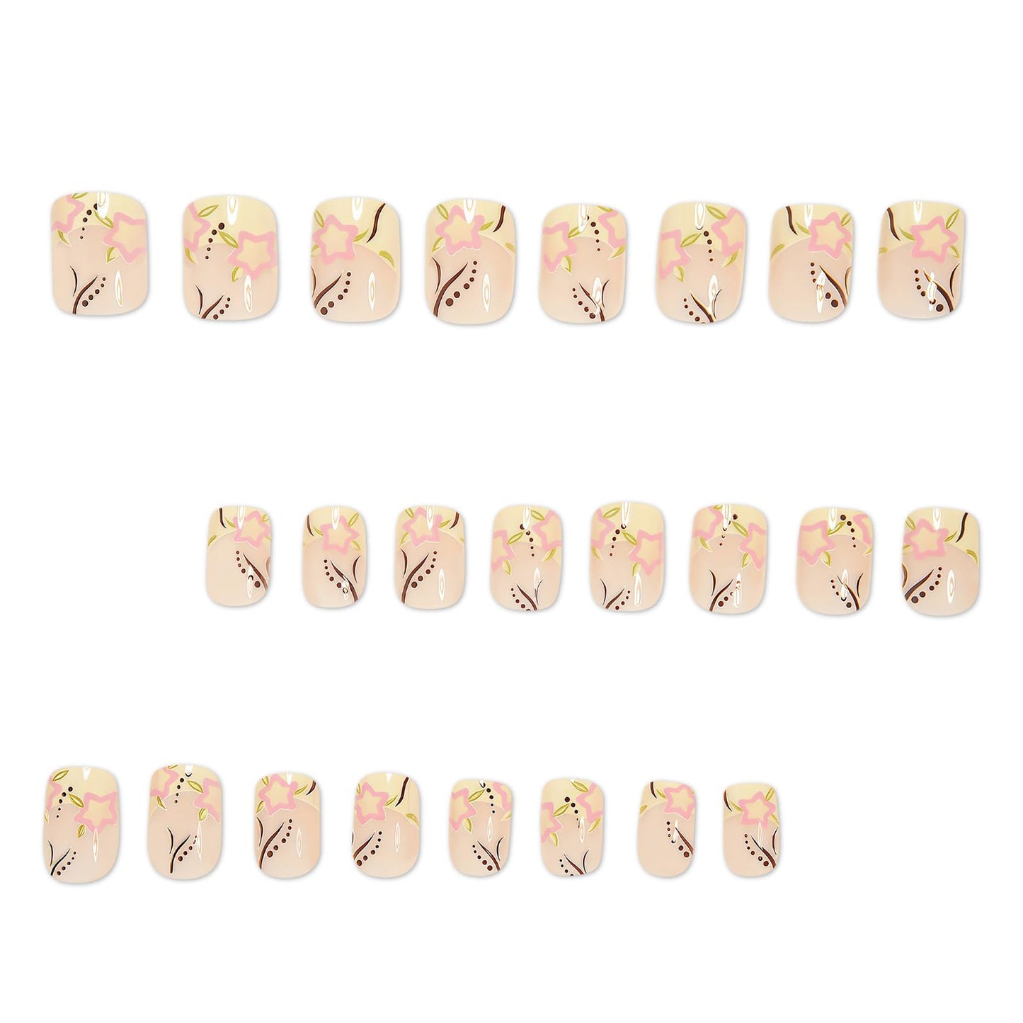 IMSOHOT Press on Nails Short Square Fake Nails with Flower Designs Yellow French Tips False Nails Cute Glossy Summer Artificial Glue on Nails for Women Girls Manicure 24Pcs