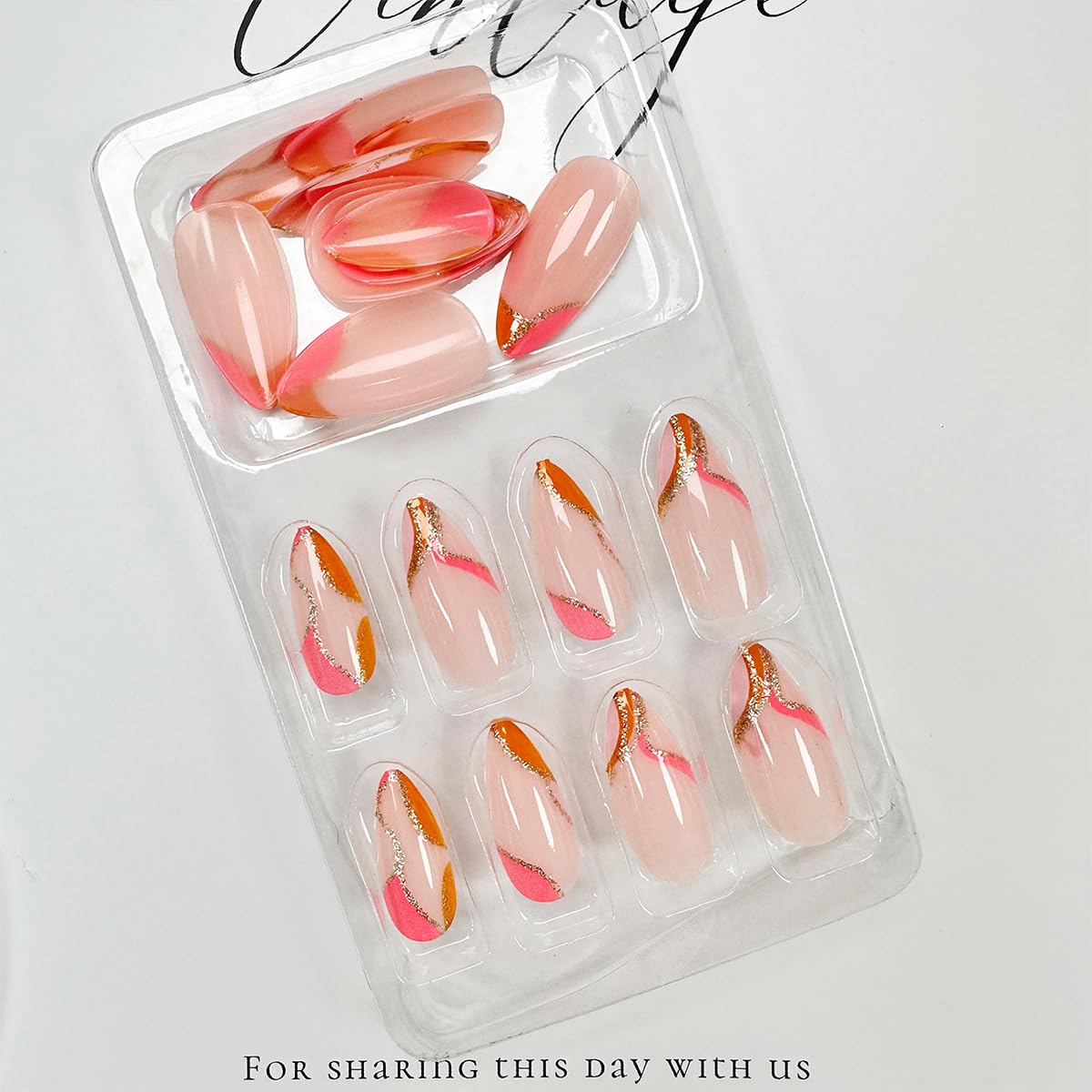 FJSMTOPl Orange Press on Nails Almond Fake Nails Press ons with Design Gold Glitter Swirl Acrylic False Nails Medium Glue on Nails Artificial Stick on Nail for Women Girls Manicure 24Pcs
