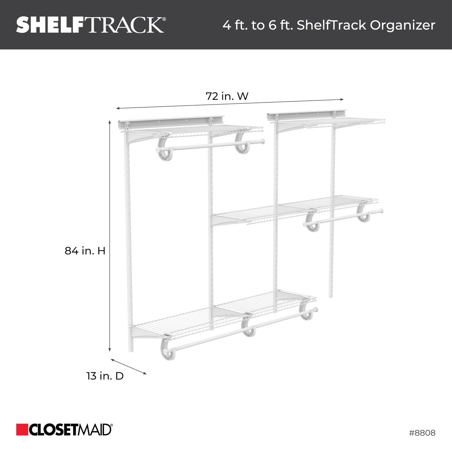 ClosetMaid ShelfTrack Wire Closet Organizer System, Adjustable from 4 to 6 Ft., With Shelves, Clothes Rods, Hardware, Durable Steel, White