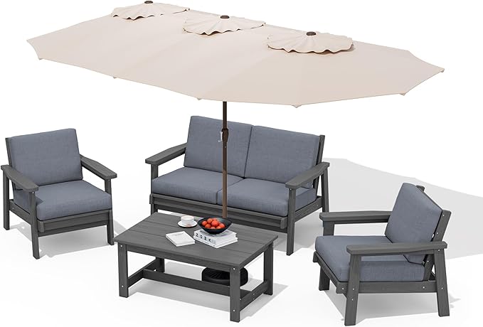 SERWALL HDPE Patio Furniture Set with 15FT Double Side Patio Umbrella, All Weather Wood-Like Outdoor Sofa Sectional Couch, Grey Patio Furniture with Grey Cushions