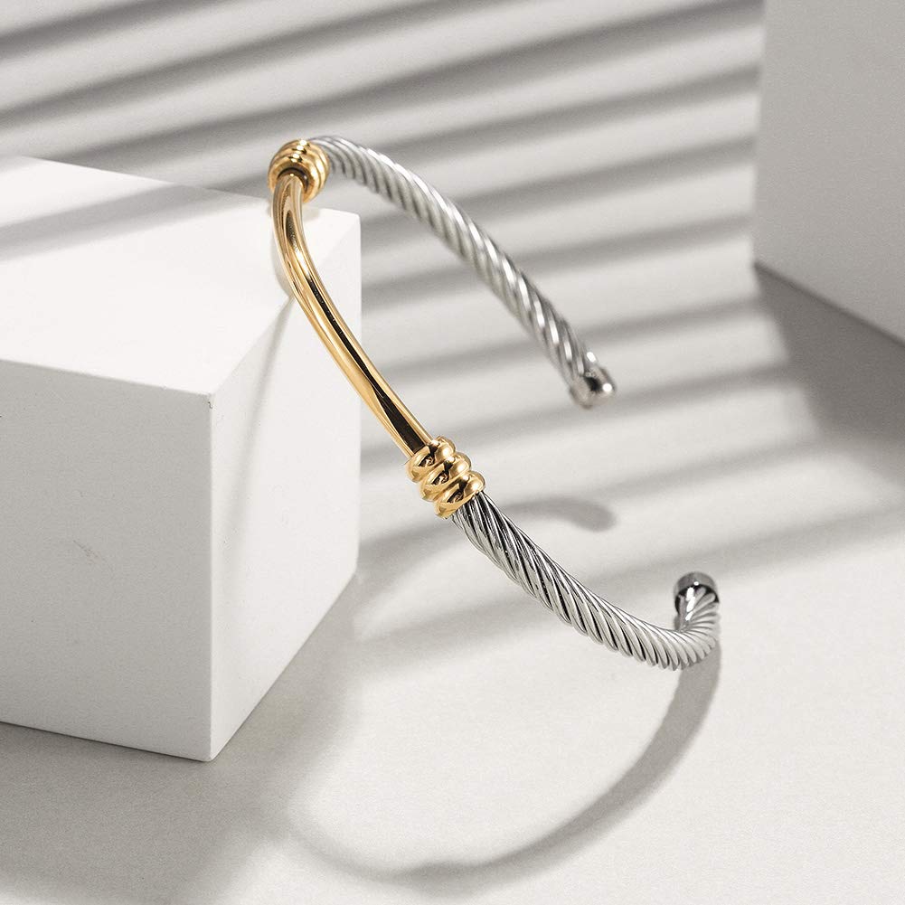 CIUNOFOR Cable Cuff Bracelets for Women, 2.4" Inner Dia. Fits 6.0”–7.0” wrists, Twisted Cable Cuff Bangle Bracelet, Stainless Steel Gold Plated Jewelry