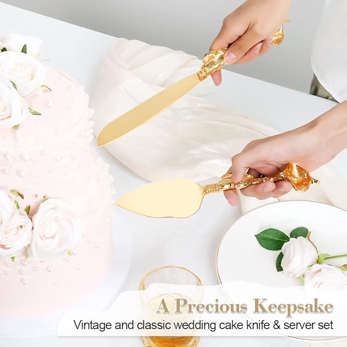TUKDAK Cake Cutting Set for Wedding, Personalized Gold Cake Knife and Server Set, Custom Cake Serving Set, Engraved Pastry Pie Server Cake Pizza Cutter, Birthday Bridal Gift (F-Rustic)