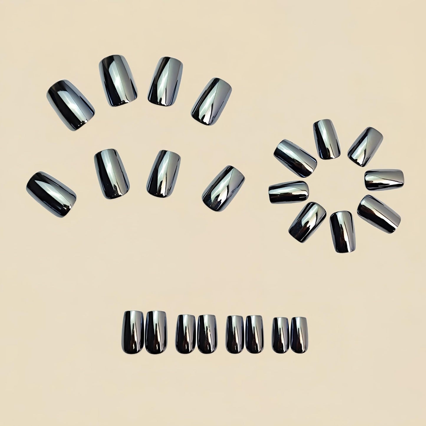 Black Press on Nails Medium Square Fake Nails Metallic Mirror Chrome False Nails Glossy Shiny Full Cover Glue on Nail Artificial Stick on Nails - 24Pcs Acrylic Nail Kit for Women Manicure