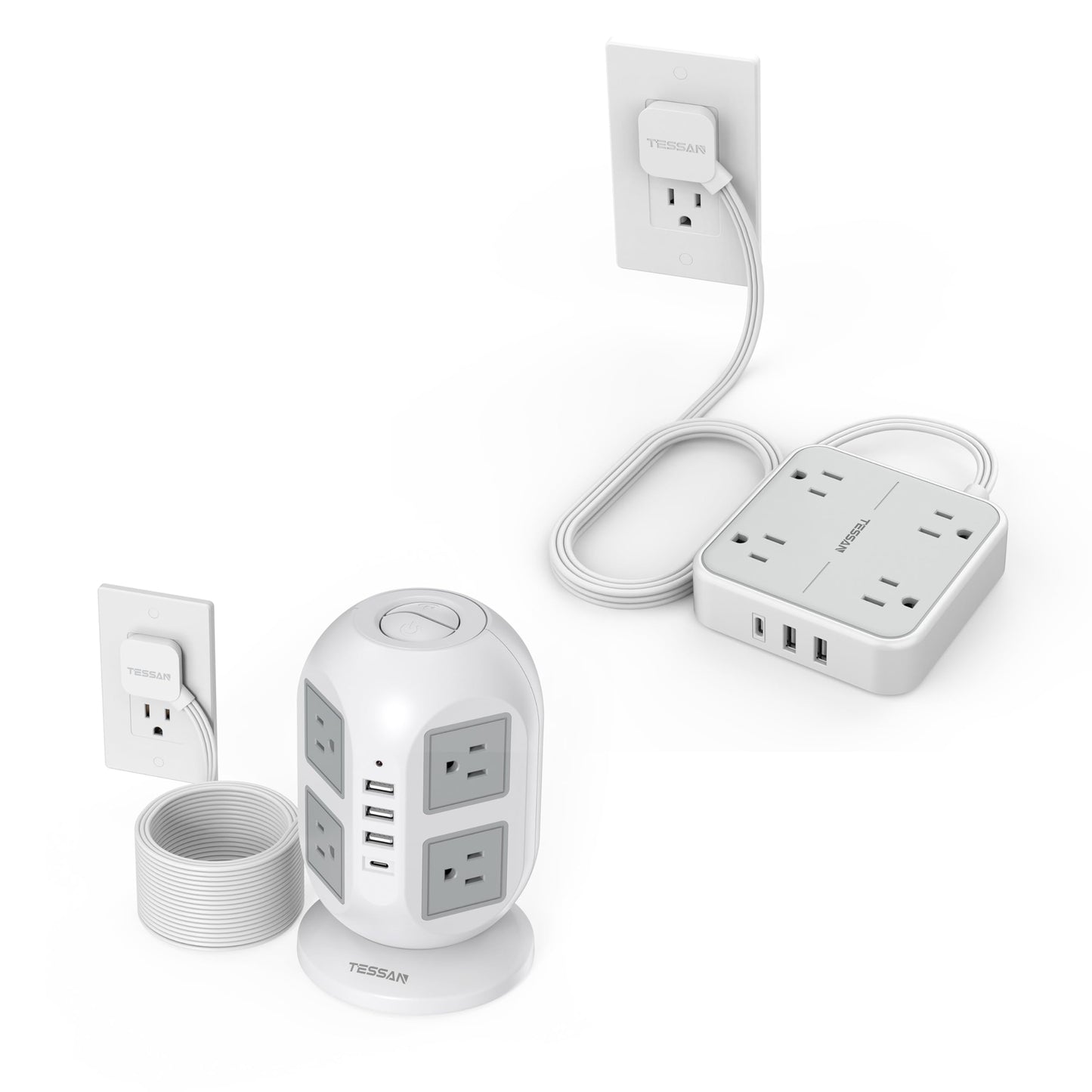 TESSAN 10FT Tower Power Strip with 5FT Ultra Thin Extension Cord Power Strip Bundle, Multiple AC Outlets and USB Ports with Surge Protection, Home Office Dorm Essentials