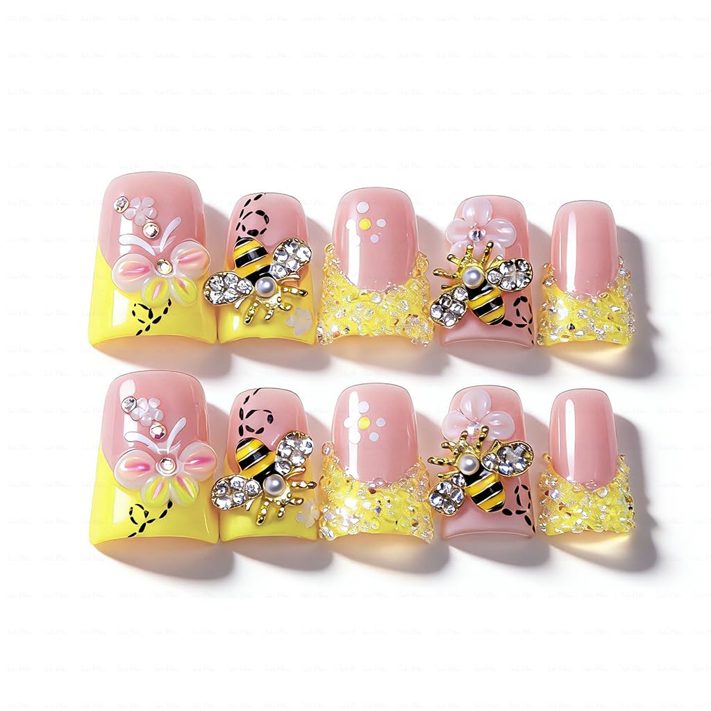 IntoVibes Handmade Short Duck Press On Nails, Precious Bee, 10 Pieces Reusable Acrylic False Nails, Size Large