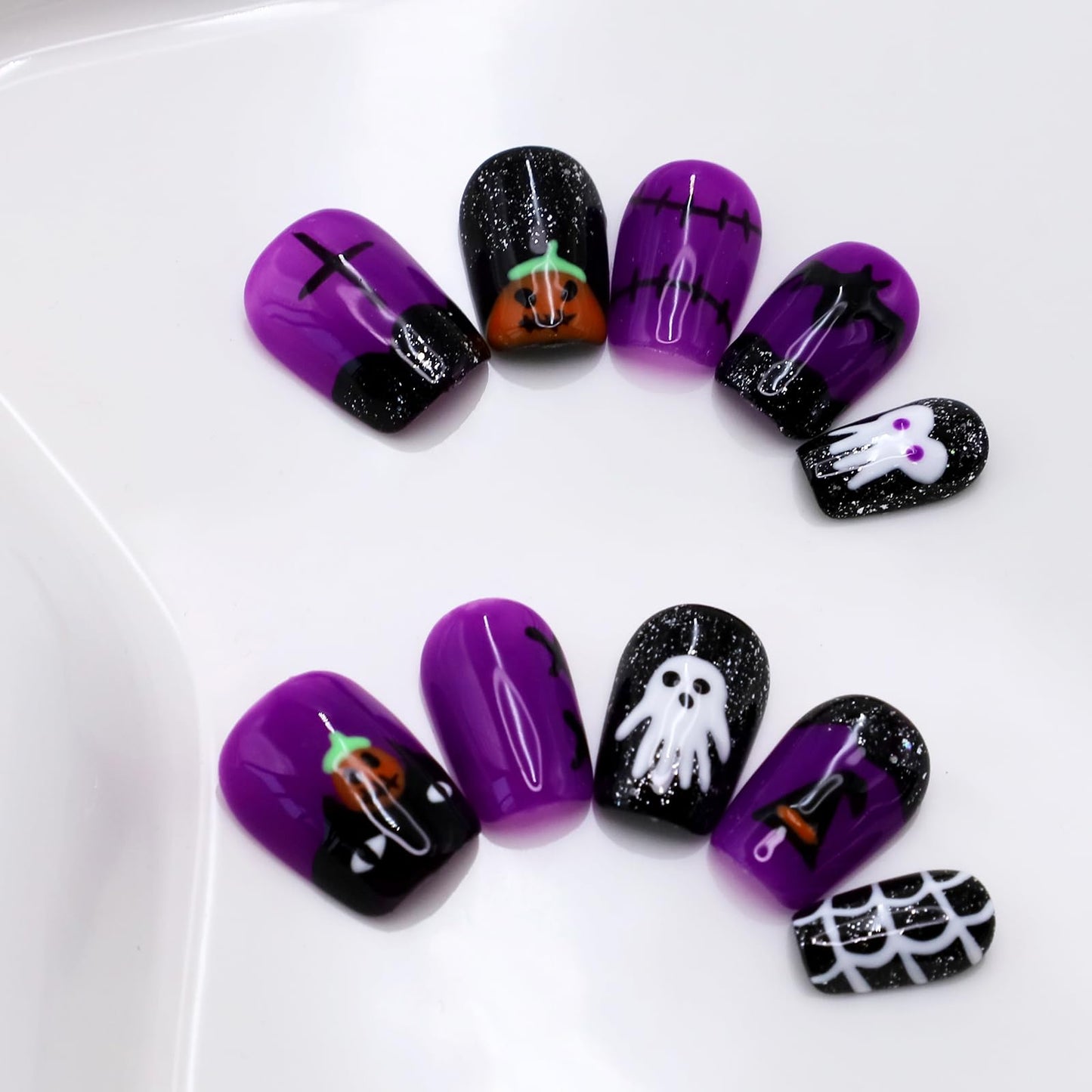 10Pcs Black Purple Halloween Press on Nails Short Handmade Fake Nails Scary Pumpkin Ghost False Nails with Glitter Sequin Design Halloween Square Nails Artificial Reusable Stick on Nail for Women (S)