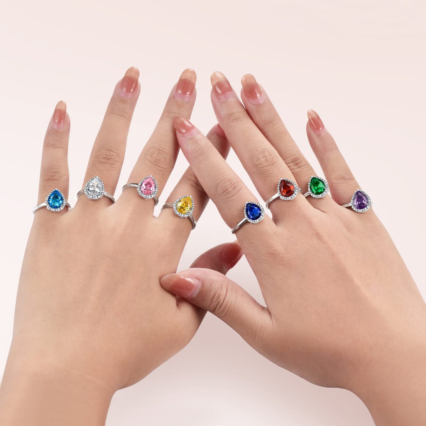 Bestyle 925 Sterling Silver Created Diamond Rings Teardrop Crytsal Rings for Women, 8mm January Granet Birthstone Gemstone Rings Illuminated by 1mm White Cubic Zirconia