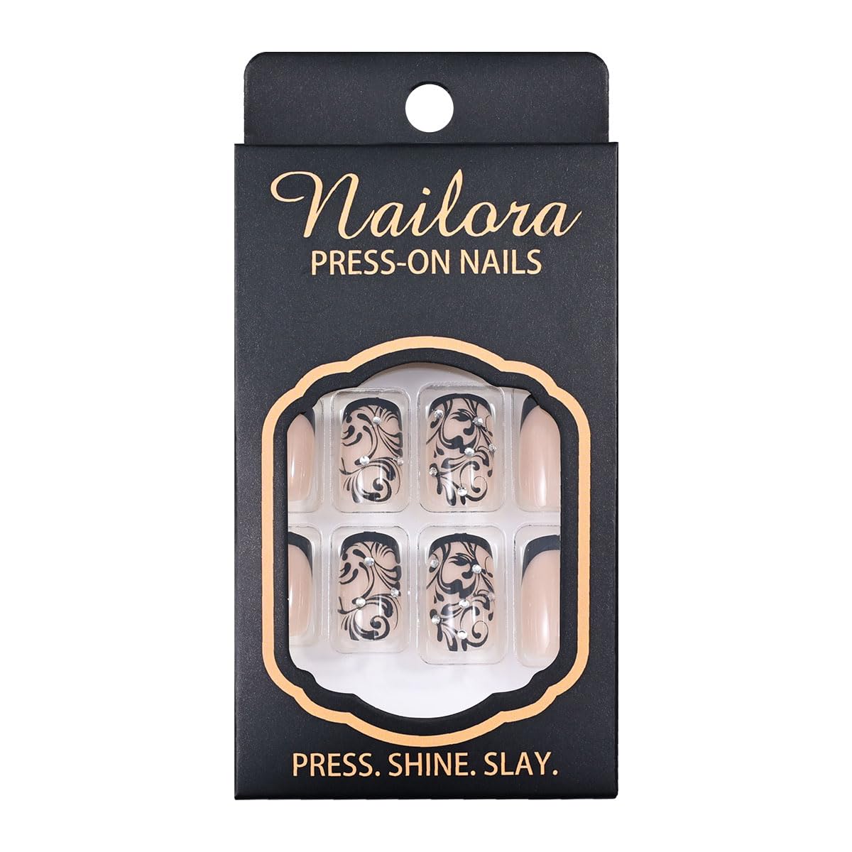 24 Pcs Press on Nails - Black French Tip with Elegant Swirl Design & Rhinestones - Glossy Reusable False Nails Kit with Nail File and Glue Adhesive Tabs