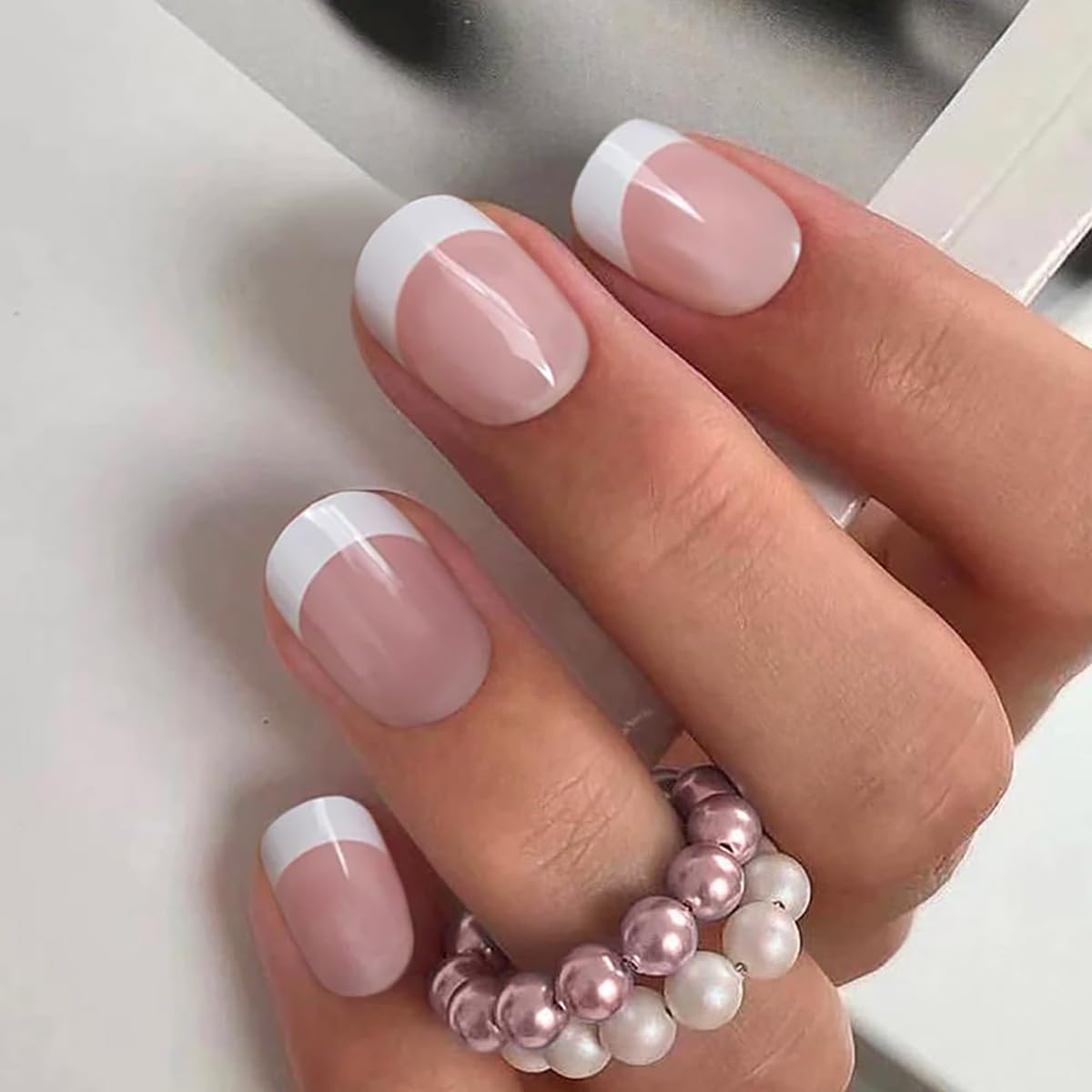 Jsiallye 6 Packs Press on Nails Short,Flower French Press on Nails Almond And Oval,Glue on Nails in 12 Sizes - 24 Fake Nails Kit, Stick on Nails for Women