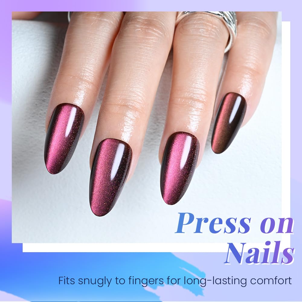 evpct Mauve Red Cat Eye Chrome Press on Nails Almond Medium with Design, Red Holographic Medium Almond Stick on Fake Nails for Women, Glossy Cat Eye Effect, Perfectly Fit Salon-quality Soft False Nail
