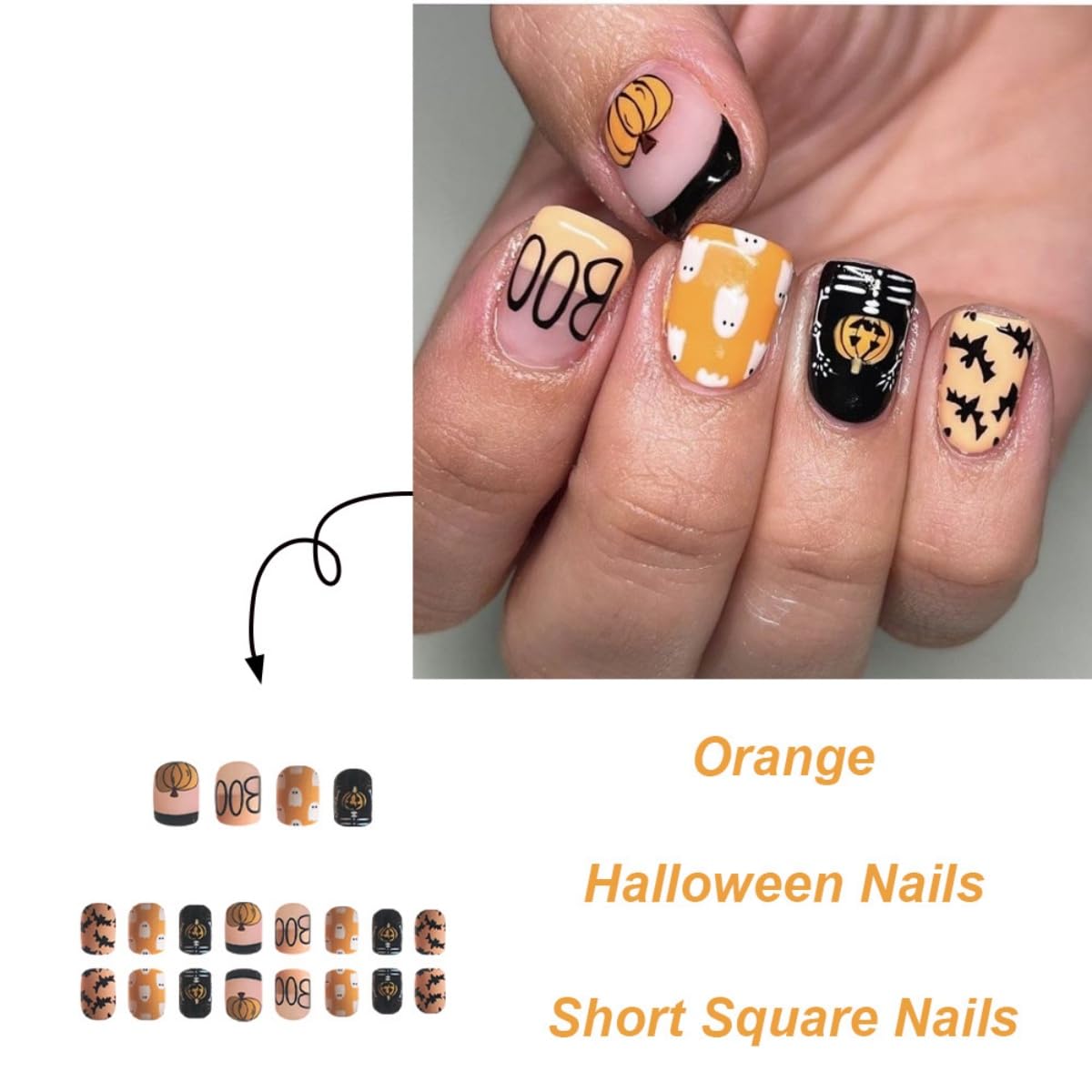 Halloween Press on Nails Short Square Fake Nails with Pumpkin Ghost Bat Skeleton Design Stick on Nails Black French Tip False Nails Artificial Full Cover Acrylic Glue on Nail for Women Manicure 24Pcs