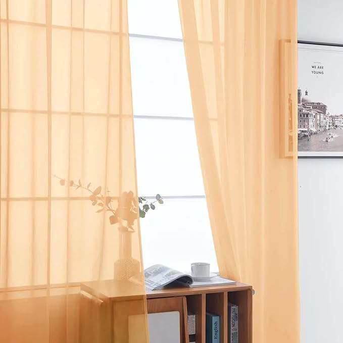 SpaceDresser Basic Rod Pocket Sheer Voile Window Curtain Panels Beige 1 Pair 2 Panels 52 Width 36 Inch Long for Kitchen Bedroom Children Living Room Yard（Beige, 52W x 36L）