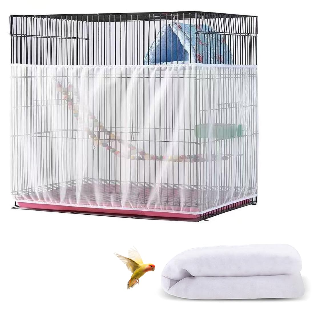 DECKALY Bird Cage Seed Catcher, Seed Catcher Guard Net Cover, Parrot Nylon Mesh Net Cover, Universal Soft Airy Cage Net Stretchy Skirt for Round Square Cages (Daisy-White, 15.7" x87")