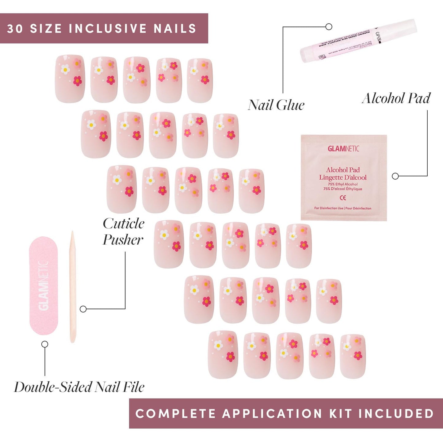 Glamnetic Press-On Nails - Pretty Bloom | Short Squoval Fake Nails with Flower Accents | 15 Sizes - 30 Nail Kit with Glue and Remover