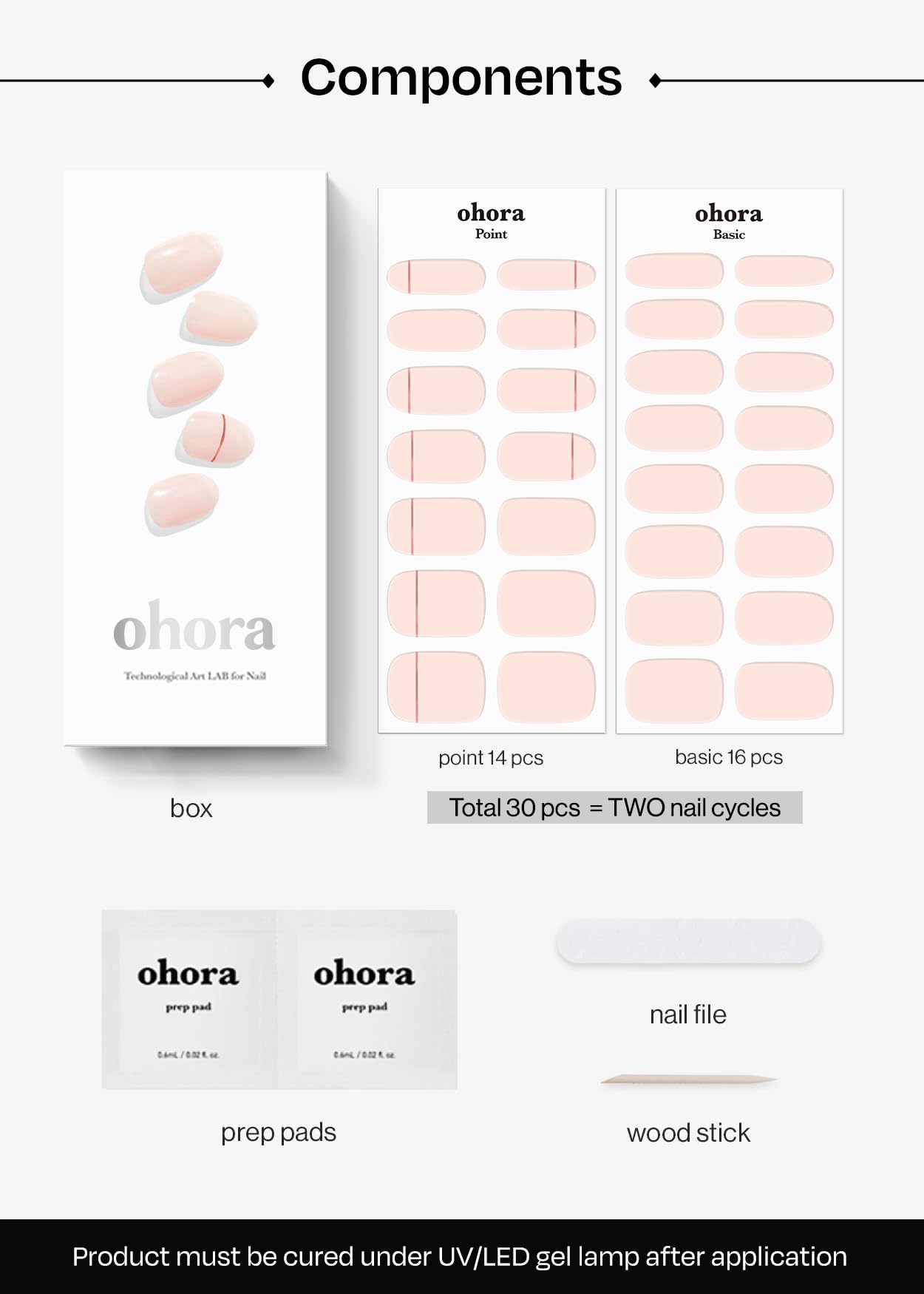ohora Semi Cured Gel Nail Strips (N Basic Nails no.11) - Nude, Solid, Works with Any UV/LED Lamps, Salon-Quality, Long Lasting, Easy to Apply & Remove - Includes 2 Prep Pads, Nail File & Wooden Stick