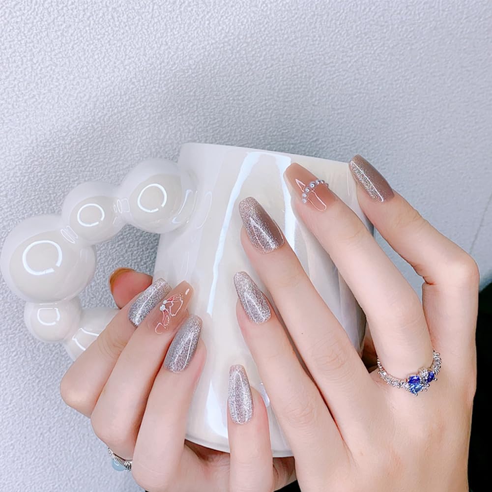WAFOLOZE Press On Nails Medium Coffin Fake Nails With Glue, Ice Crystal Stone Cat's Eye Nail Press Ons With Small Pearl Painted Design，Artificial False Nails Stick On Nails for Women-30Pcs