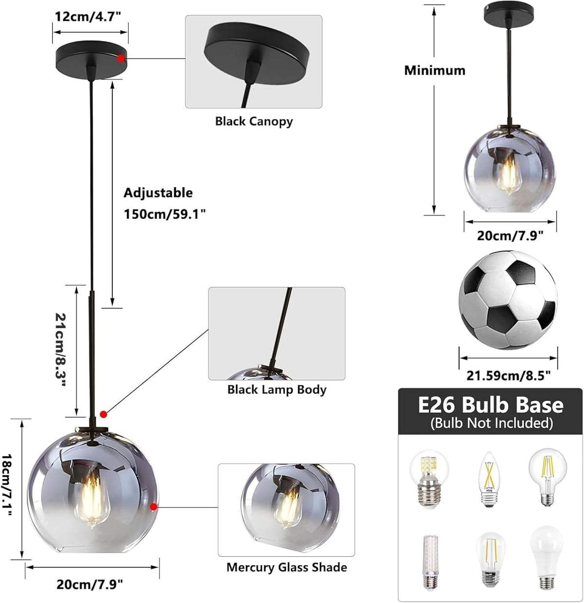 KCO Lighting Modern Black Globe Pendant Light Mercury Glass Ceiling Pendant Light Mid Century Silver Kitchen Pendant Lighting Over Island Dining Room Light Fixtures Over Table