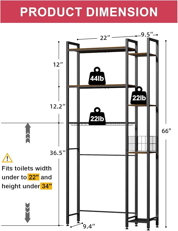 Over Toilet Bathroom Organizer, 7-Tier Study Metal Toilet Storage Shelf for Toilet Paper, Towels, Toiletries, Easy Assembly, Freestanding, Perfect for Small Space, Apartment, Dorm, Powder Room