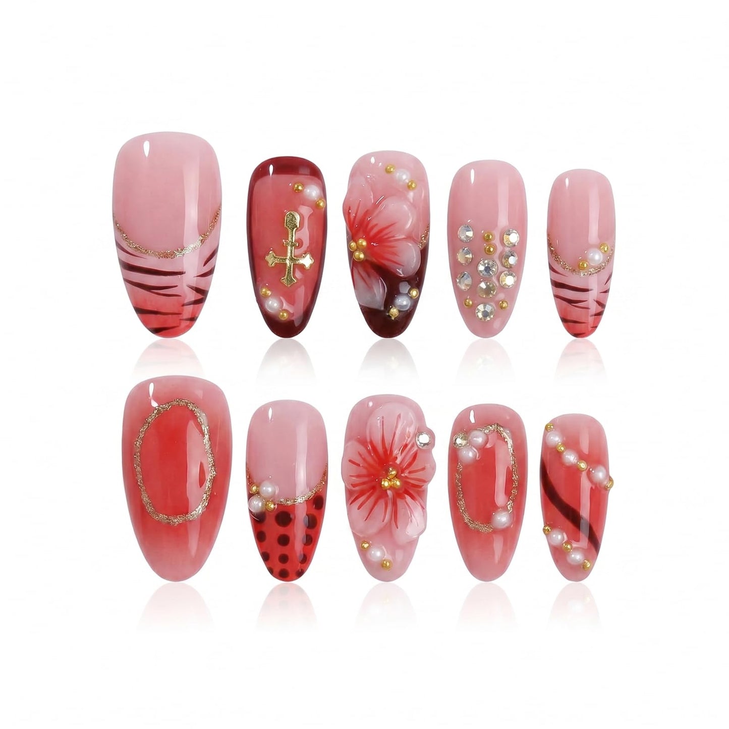 IMRAIN Almond Press on Nails, Medium Fake Nails, Peach Jelly 3D Flower Burgundy French, 30 Pcs Reusable Glue on Nails for Women, Salon Quality