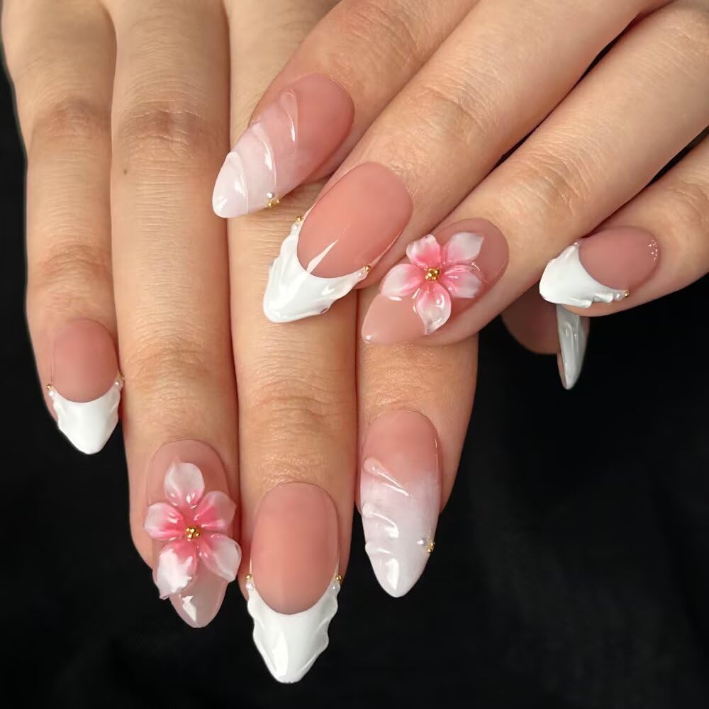 Handmade Press On Nails - MAGLFELL Spring Nails Almond False Nails, 3D Pink Carving Floral and French Design, 10Pcs Reusable Acrylic Fingernail Salon Artificial Nails Kit (Size M)