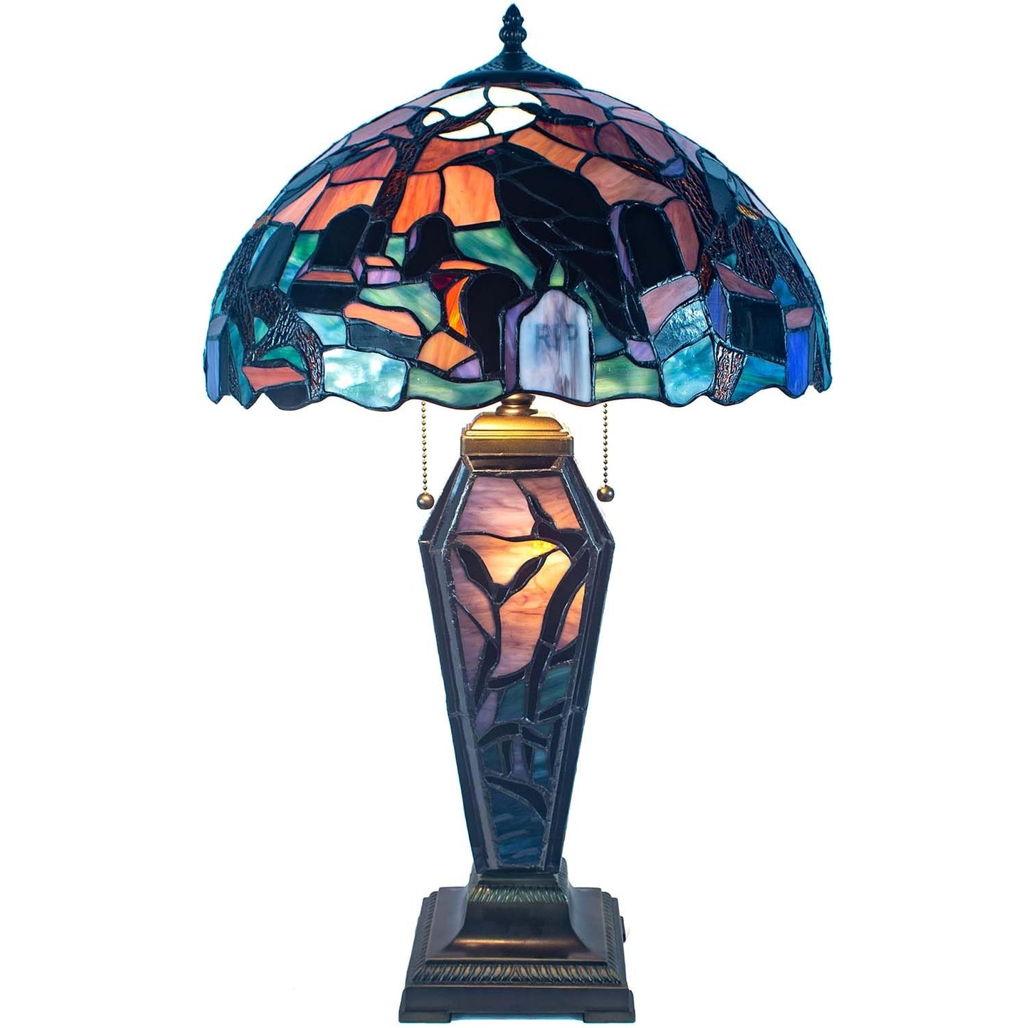 Bieye L10987 Ravens in Spooky Cemetery Tiffany-Style Stained Glass Table Lamp with Coffin Base Night Light - Gothic Graveyard Scene (Dark Orange, 16Wx26H inch)