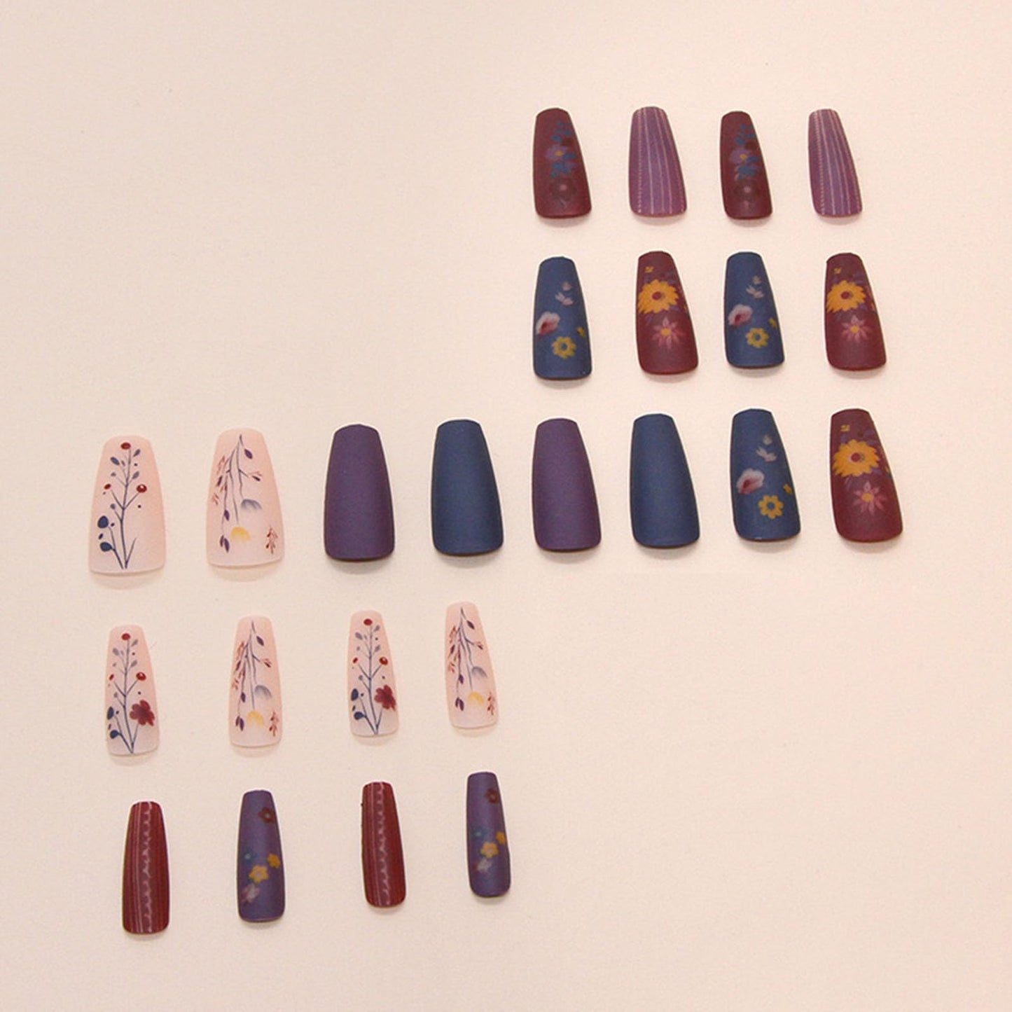 Press On Nails Medium Coffin Fake Nails with Floral Designs Blue Nails Matte Glue on Nails 24Pcs