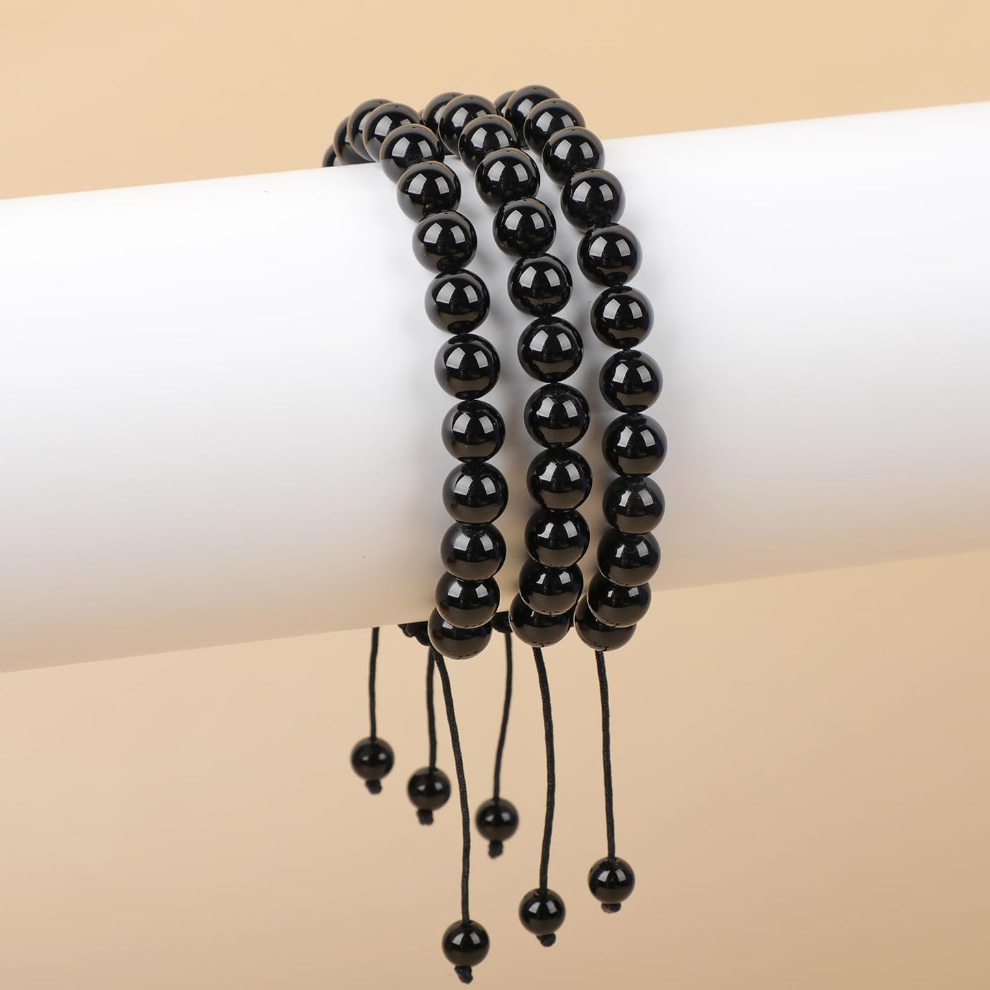 AD Beads Natural 8mm Gemstone Bracelets Healing Power Crystal Macrame Adjustable 7-9 Inch (Black Onyx)