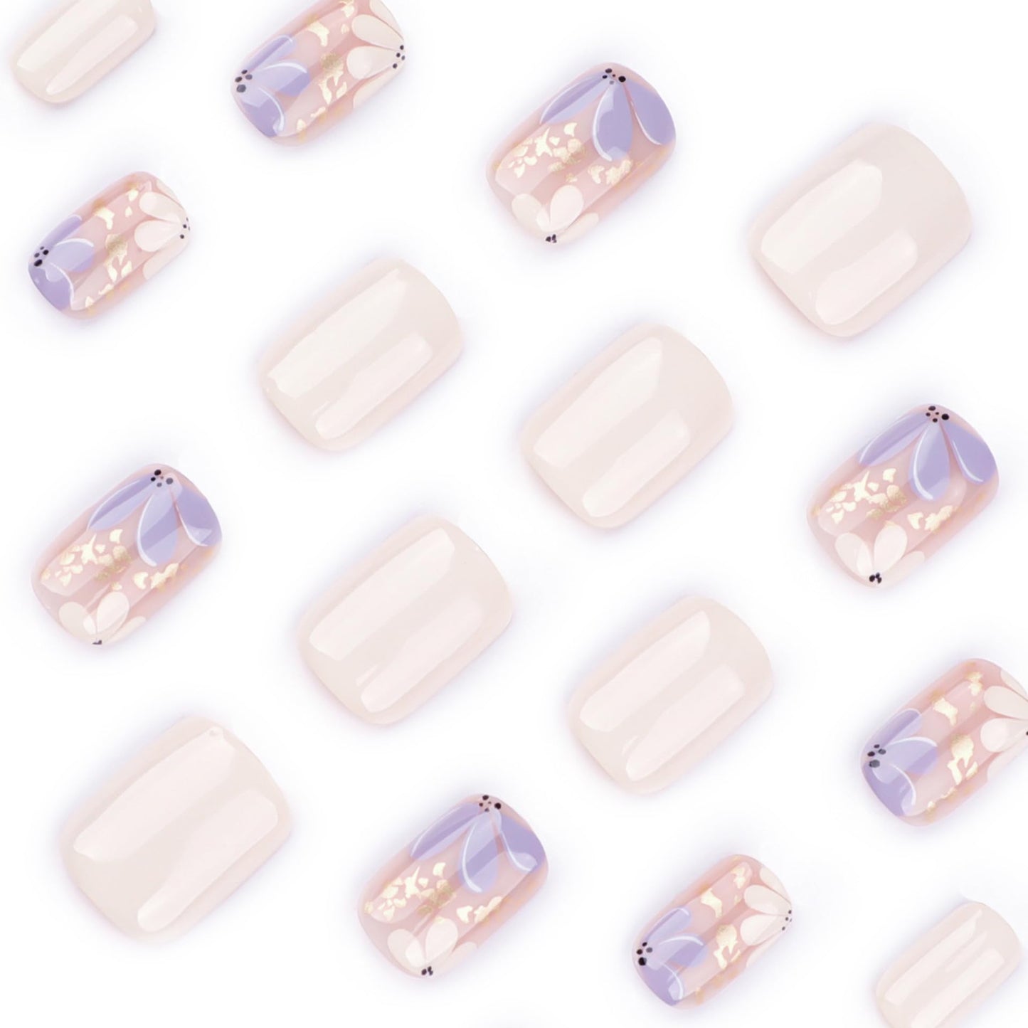 Orzolatent Nude Floral Press-On Nails – Gold Foil Accents, Elegant Design, Lightweight & Easy DIY, 12 Sizes 24Pcs