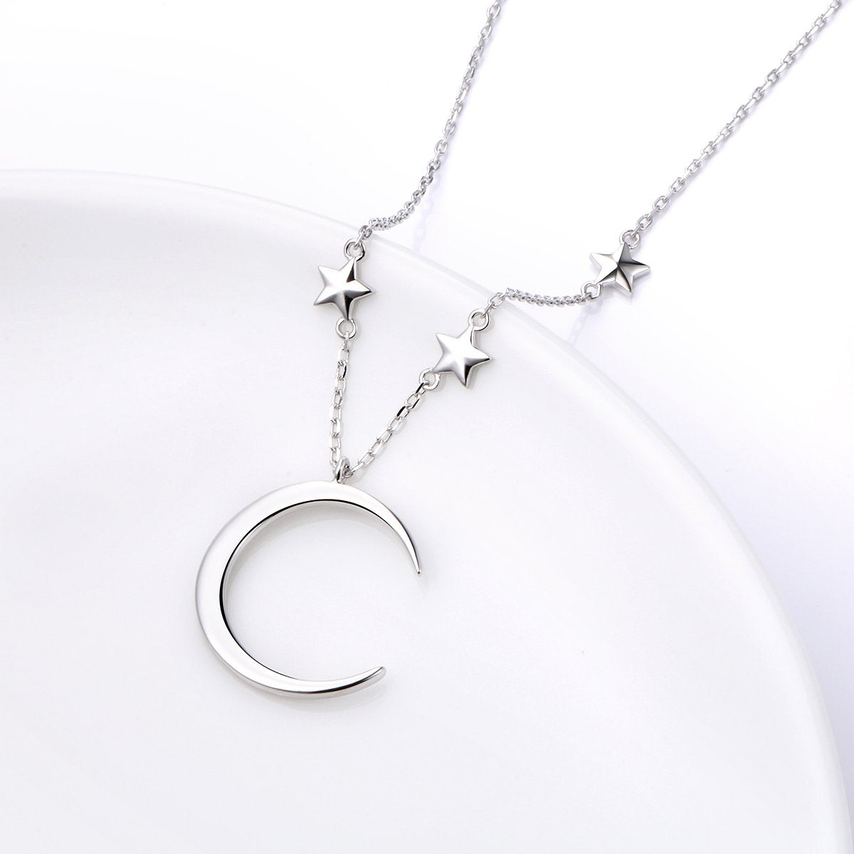 Ladytree S925 Sterling Silver Crescent Moon and Star Jewelry Pendant Necklace,Rolo Chain,18+2"