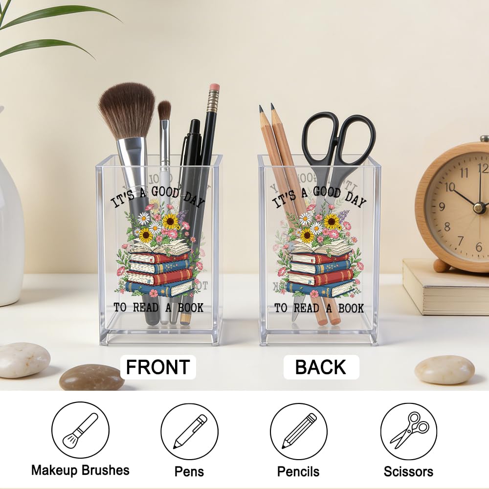 Xipromi It's A Good Day To Read A Book Acrylic Cosmetic Pencil Pen Holder, Funny Book Pencil Holder for Bookworm, Bookish Gifts for Reading Lover Librarian Teacher Reader, Reading Nook Accessories