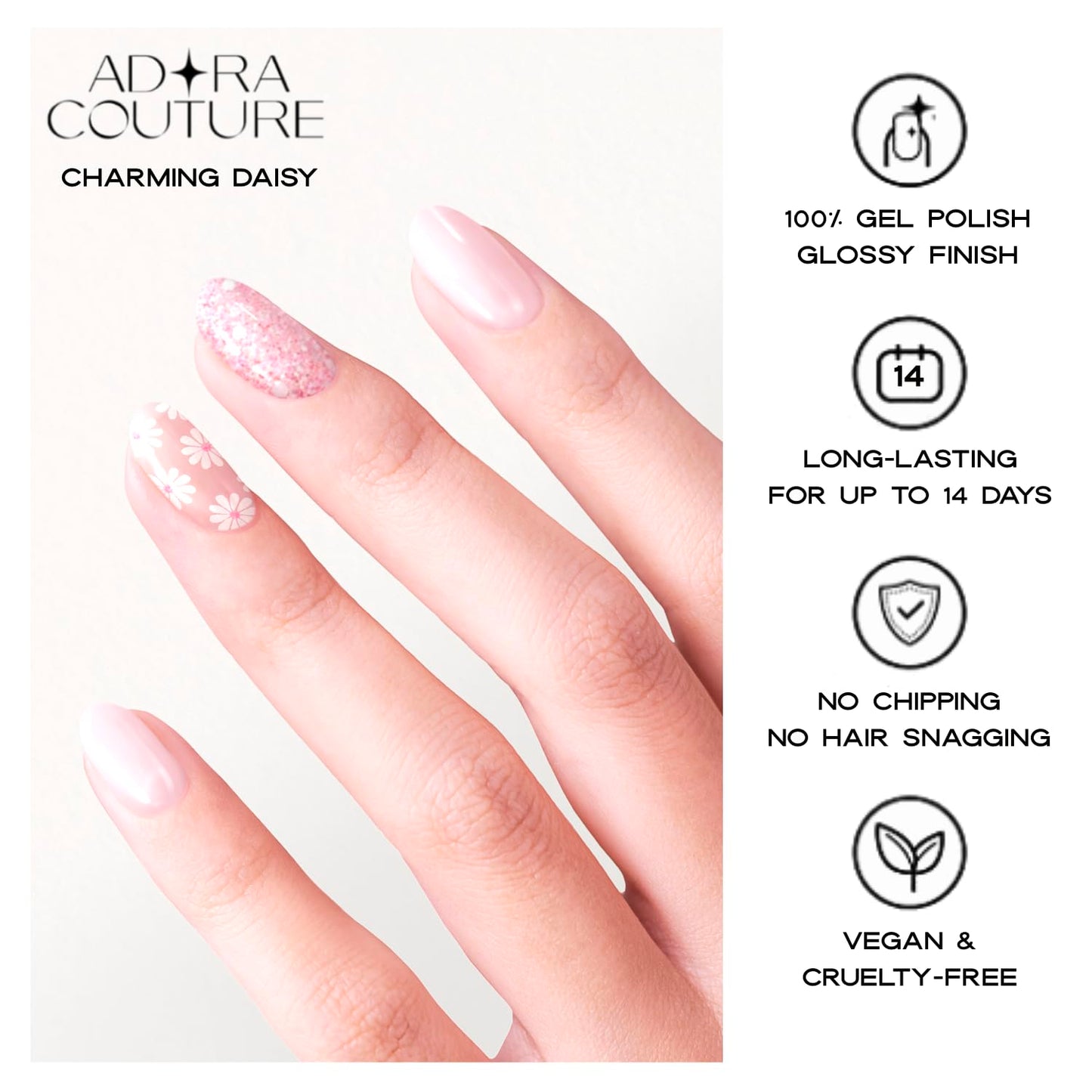 Adora Couture Semi Cured Gel Nail Strips with 30 Pieces - Salon Quality Manicure Kit for Women Easy Application Wraps Includes Prep Pads Nail File Wooden Stick, UV Light Required (Charming Daisy)