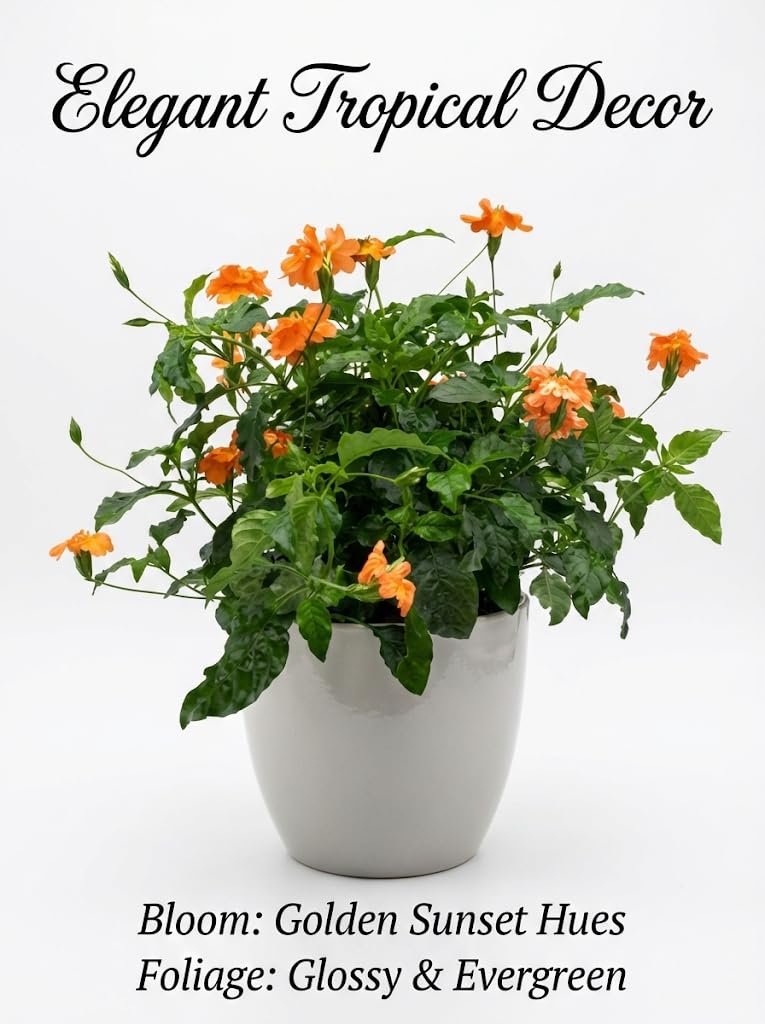 2 Crossandra 'Florida Sunset' Plants - Live Starters (4-8 Inches) - Golden-Apricot Firecracker Flower - Glossy Leaved Tropical for Indoors & Patio