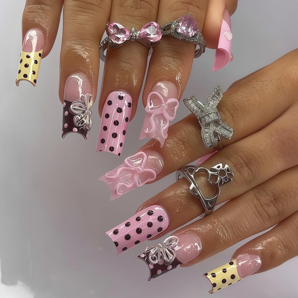 BABALAL Press on Nails, Long Square Fake Nails, Pink Yellow Summer, Polka Dot & Flower Design, Glossy Full Cover False Nails 24Pcs