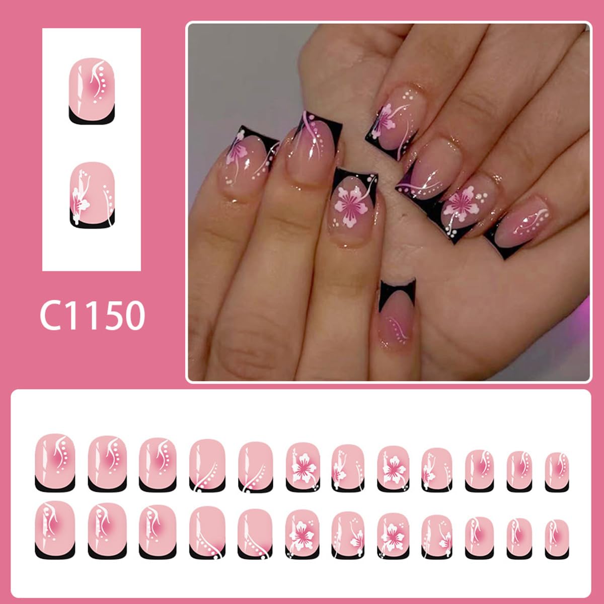 Square Press on Nails Medium, Black French Tip Fake Nails with 3D Rhinestone & Flower Design Glossy Nude False Nails Press ons Full Cover Glue on Nail for Women Nail Art Decoration 24Pcs