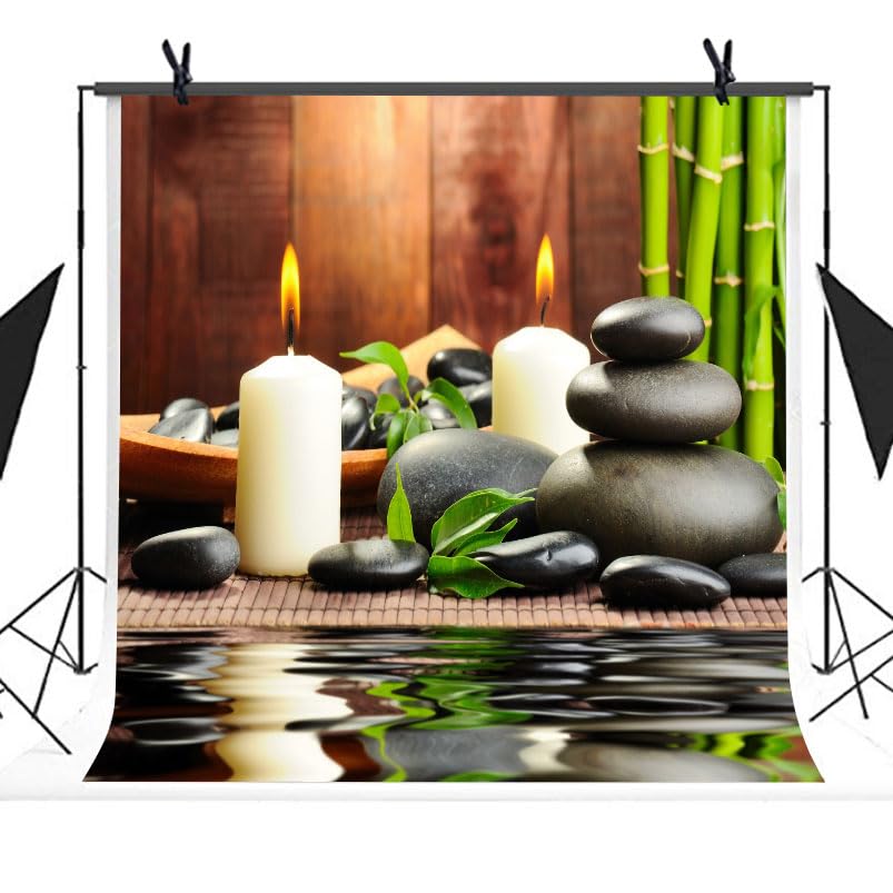 10x10ft Meditation Relax Backdrop Bamboo Zen Stone Candle Water Woodiness Floor, Dessert Table Banner Decoration Photography Background BJOKPH0032 - size: 10x10ft