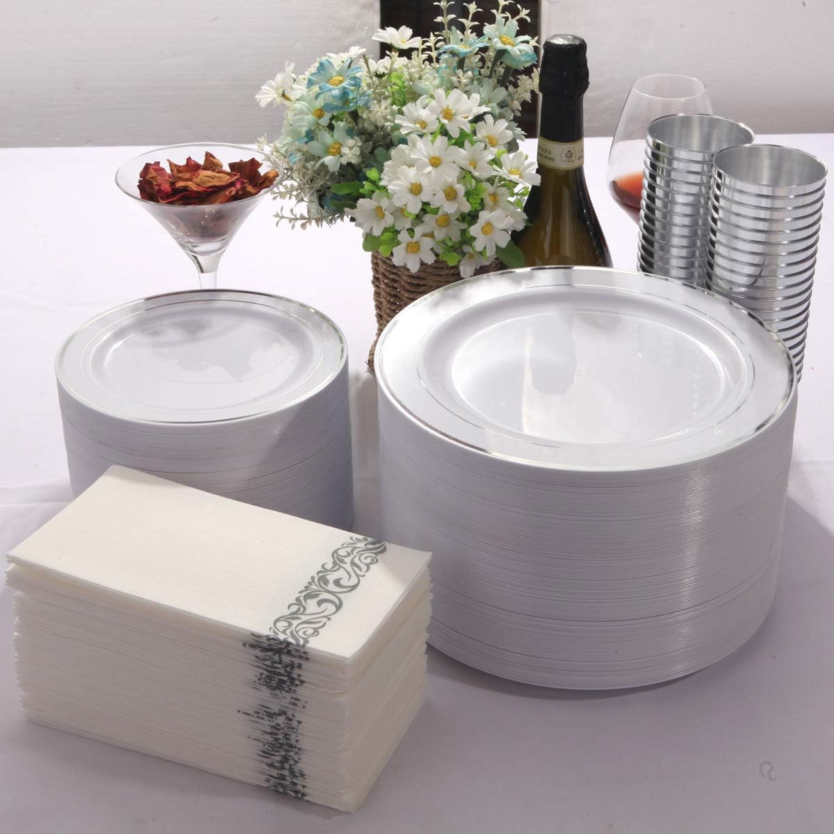 I00000 700 Piece Silver Dinnerware Set for 100 Guests-100 Dinner Plates, 100 Dessert Plates, 100 Disposable Cups 10 oz, 100 Paper Napkins, 100 Plastic Silverware Set Perfect for Party & Wedding