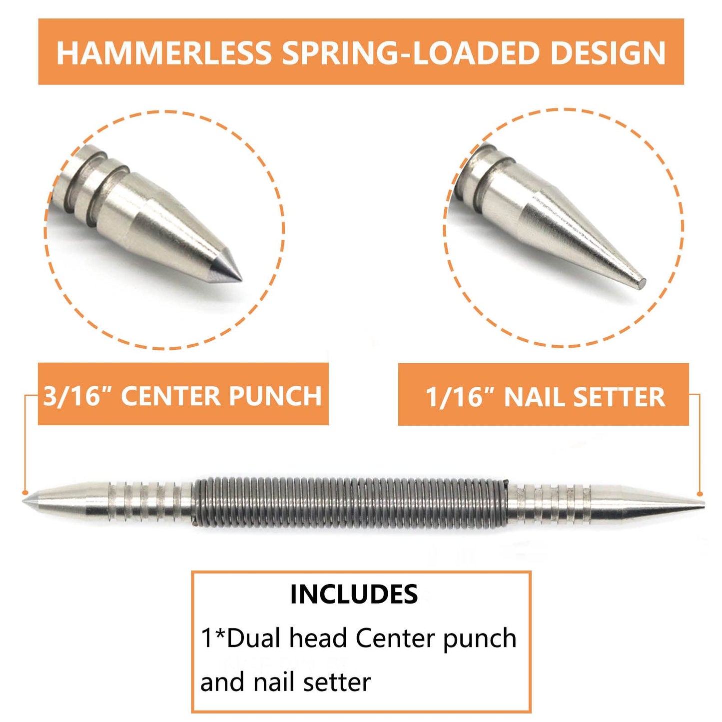 WHLLING 1/16″Dual Head Nail Setter and 3/16″Center Punch, 3500 PSI Striking Force Counter Punch Spring Nail Set