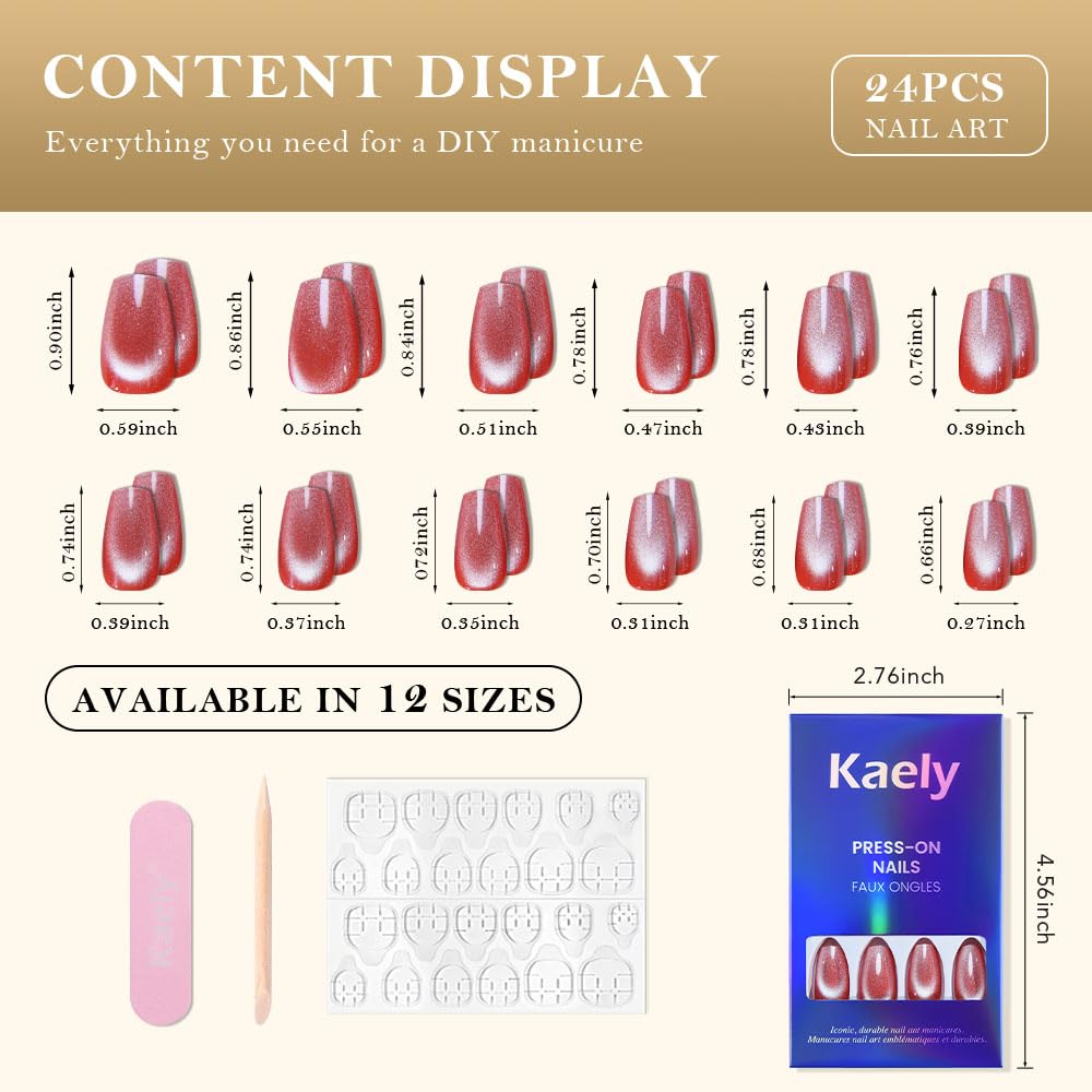 evpct No Glue Red Pink Cat Eye Coffin Press on Nails Square Medium, Medium Square Stick on Nail for Women, Red Pink Metallic Glitter Glossy Reusable Summer Soft Press on Acrylic Fake Nail with Design