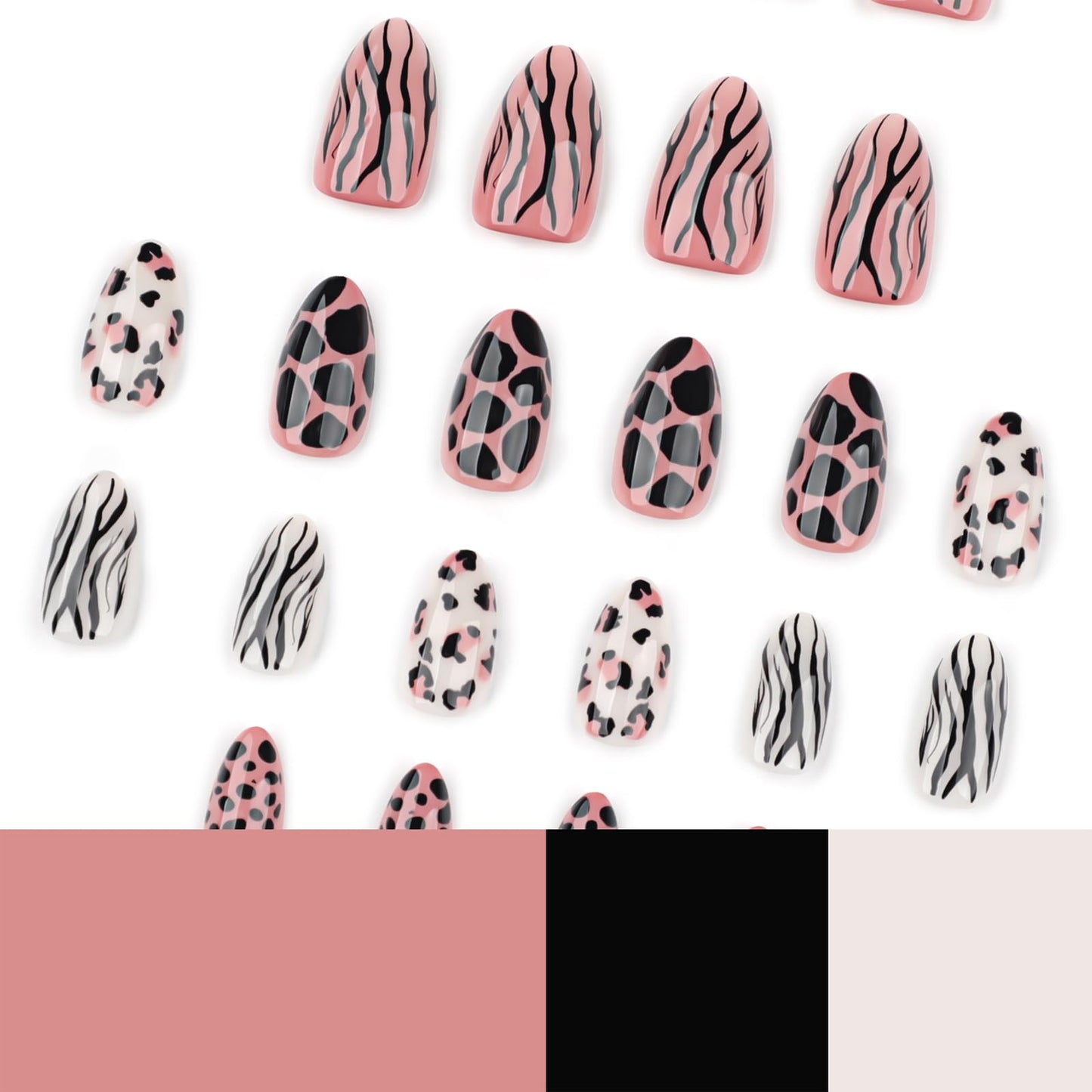 IMSOHOT Press on Nails Medium Almond Fake Nails Glossy Brown Acrylic Fake Nails with Leopard Print, Zebra Stripes Designs Stick on Fingernails Full Cover Gel Glue on Nail for Women 24Pcs
