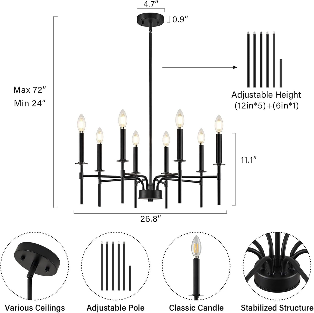 8 Light Black Chandelier Light Fixture, Modern Farmhouse Chandeliers for Dining Room Light Fixture, Metal Candle Pendant Chandelier for Foyer Entryway Stairs Living Room Bedroom Kitchen