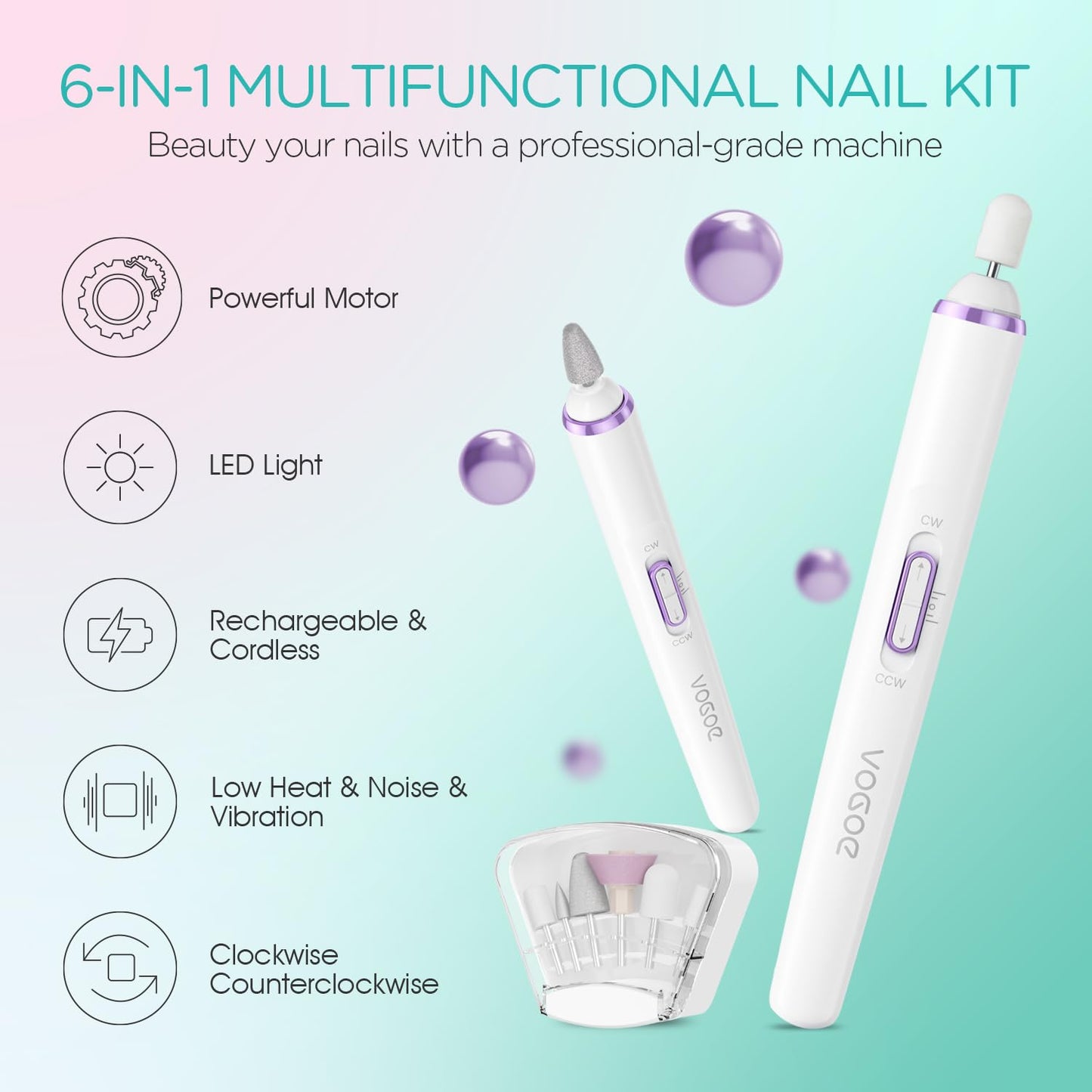 VOGOE Electric Nail Drill, Cordless Nail File Machine Kit 2 Directions & Speeds for Acrylic, Gel Nails, Rechargeable with LED & 6 Nail Drill Bits for Professional Manicure and Pedicure, Purple ND310