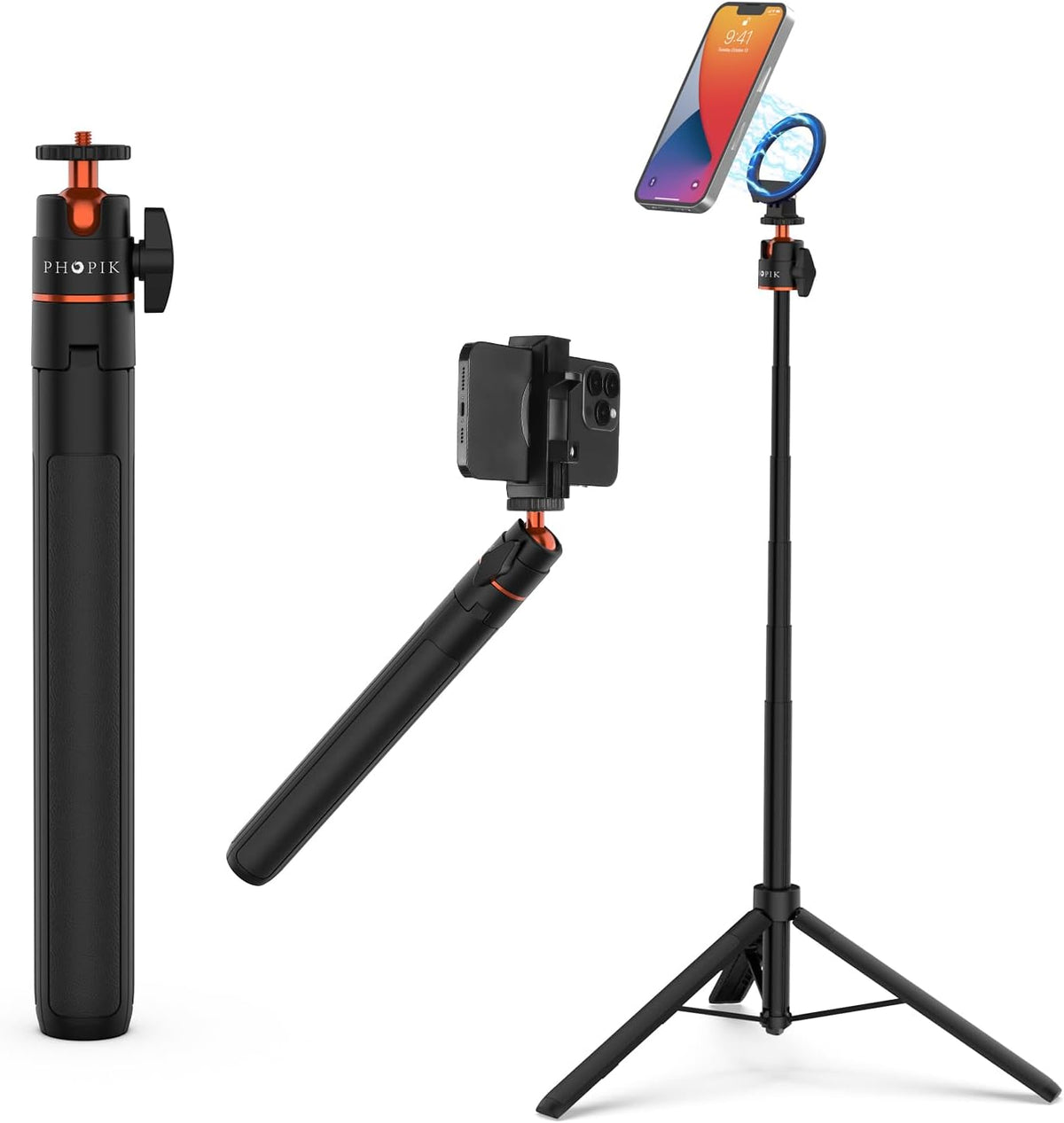 PHOPIK 55" Magnetic Selfie Stick Phone Tripod, Extendable Magnetic Cell Phone Tripod Stand Compatible with iPhone/Android/Sport Camera&Insta 360 x5, Perfect for Video Recording/Selfies/Live Stream